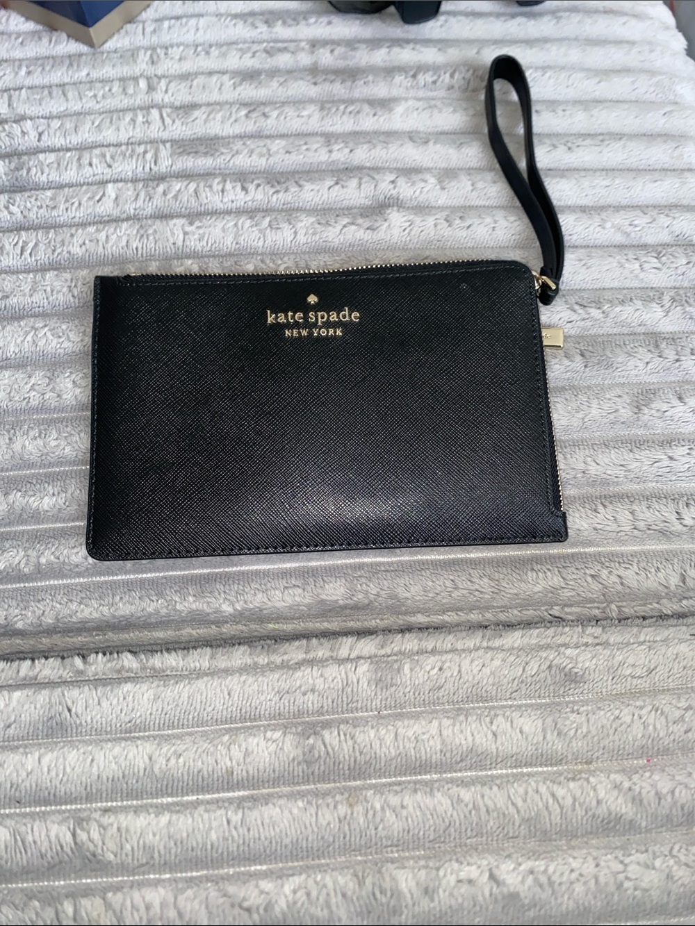 kate spade black leather wristlet clutch with gold logo